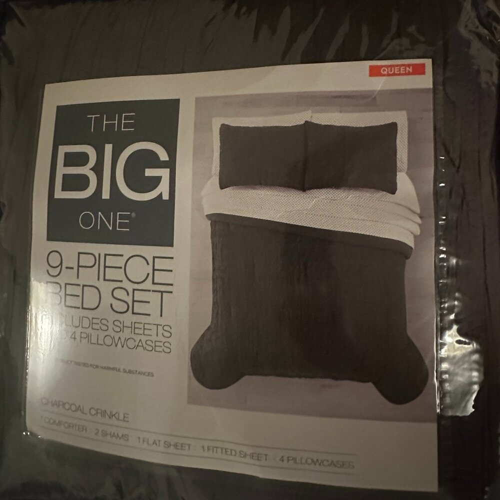 THE BIG ONE 9-PIECE BED SET QUEEN CHARCOAL CRINKLE COMFORTER SET BRAND NEW